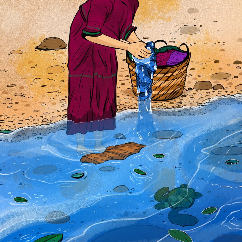Women washing clothes in the river. Can you spot what's swimming in the water?