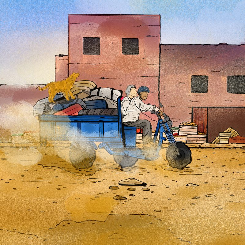 Black the dog, the captain of this three-wheeled truck, leads the gang to a good night's rest.