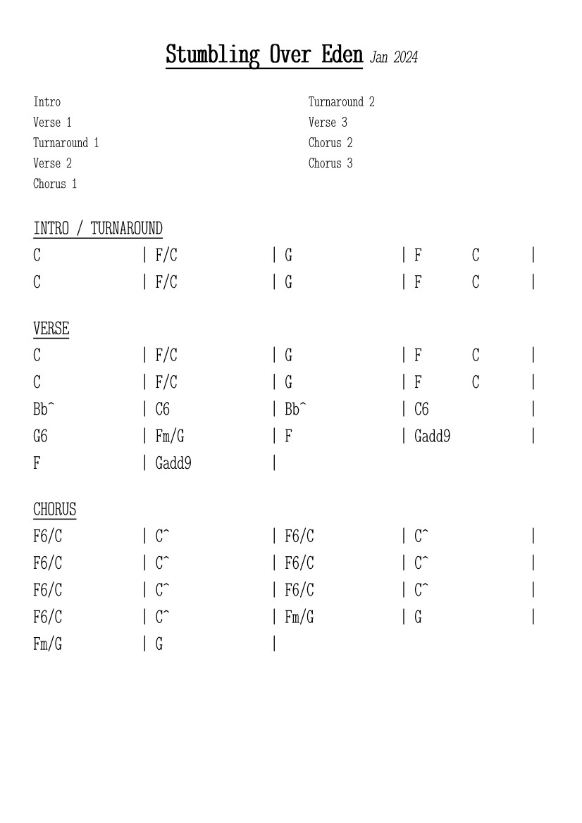 Click to enlarge chord chart for Stumbling Over Eden